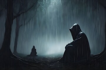 silhouette of a person in a forest 
