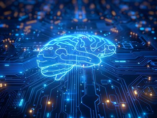 Glowing Circuits Converging Towards a Central CPU Brain Shaped by Intricate Design with a Blue Lighting Scheme