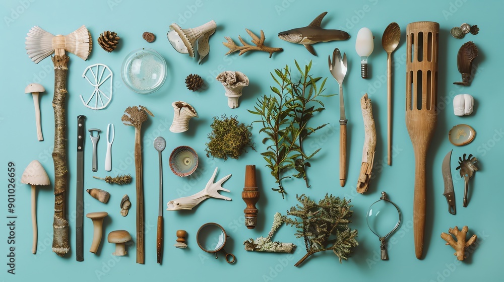 Poster a flat lay of assorted objects on a blue background.