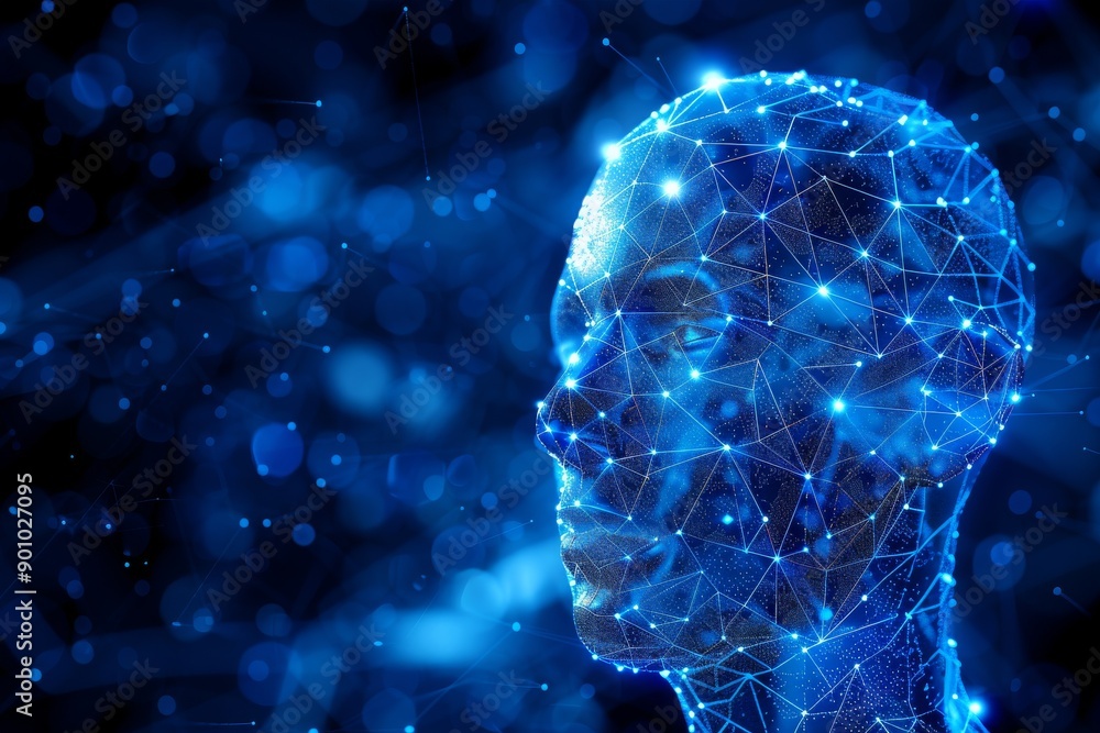 Poster digital human head with neural network connections representing ai and cognitive technology