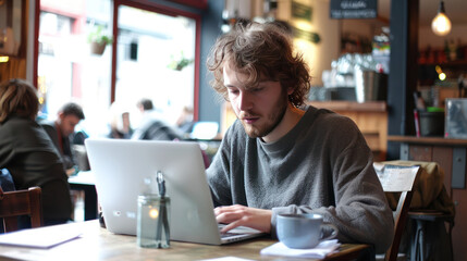 Adult man working on laptop in a cafe restaurant