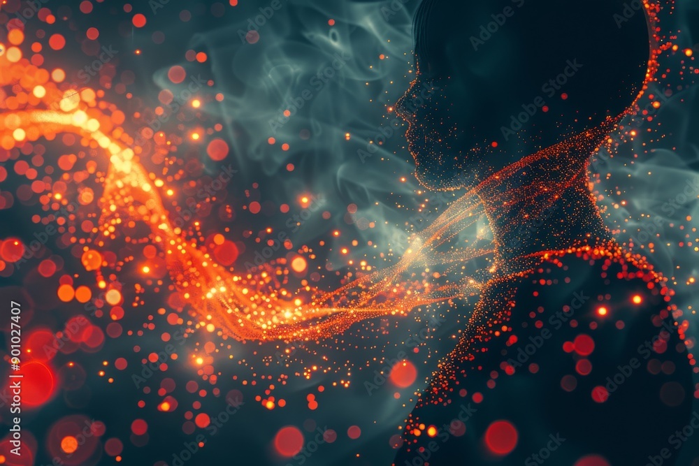 Poster abstract digital art with glowing particles representing neural activity and connectivity