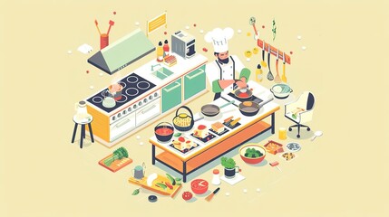 Naklejka premium Chef at work, with illustrations of a chef cooking in a restaurant kitchen, surrounded by pots, pans, and ingredients