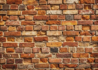 Obraz premium Weathered old brick wall with faded brown color and crumbling mortar joints, featuring worn texture and subtle cracks, perfect for rustic background or design elements.