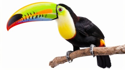 Fototapeta premium A vibrant toucan with a rainbow beak perched on a branch, isolated on a white background, ample copy text space