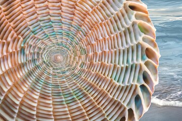 A close-up of a seashell, intricately designed with concentric patterns