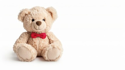 Obraz premium Adorable fluffy teddy bear with a red bow tie, isolated on a white background, ample copy space for text, perfect for greeting cards or advertisements