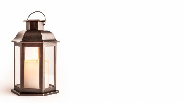 Antique lantern with a glowing candle, isolated background, plenty of copy text space below
