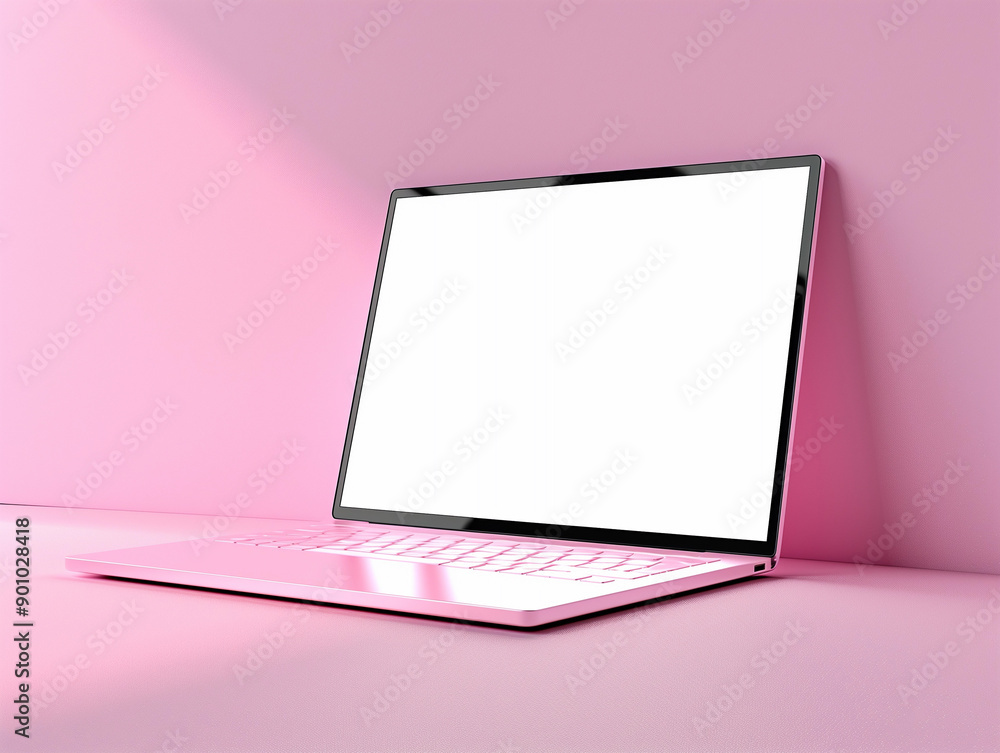 Poster pink laptop minimal desk workspace clean design pastel tech flatlay mockup empty screen copy space b
