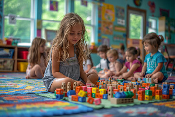 Fototapeta premium A group of children are playing with blocks in a classroom