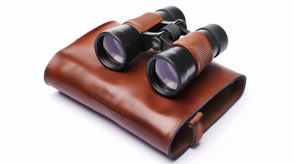 Binoculars with premium leather case, isolated on a white background, spacious area for text insertion, suitable for commercial use