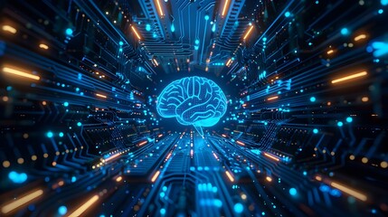 Naklejka premium Glowing Neural Circuits Converge into a Central Cerebral CPU Processor