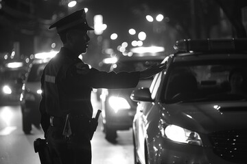 Silhouette of Police Officer Directing Traffic at Night