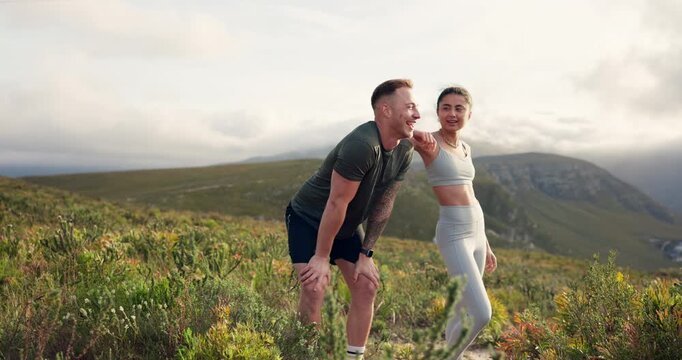 Mountains, tired and couple with fitness, hiking and relax with wellness, breathing and vacation. Romance, man and woman with fatigue, countryside and environment with exercise, healthy and workout