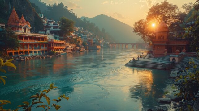 Rishikesh, India - Scenic views along the Ganges with yoga and spirituality
