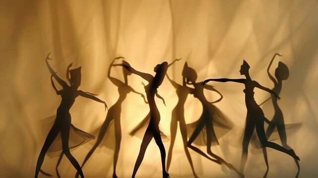 A group of silhouetted dancers perform in synchronization against a warm, golden-hued backdrop. The abstract forms and elegant poses evoke a sense of rhythm and unity. The fluid shapes of the dancers