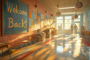 A school hallway with a chalkboard that says "Welcome Back!"