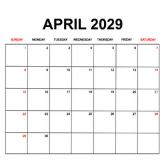 april 2029. Calendar with holydays or red dates. monthly calendar design with week starts on sunday. printable, simple, and clean vector design isolated on white background.