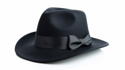 Stylish black fedora with a wide ribbon, elegantly tilted, isolated on a white background, ample copy text space