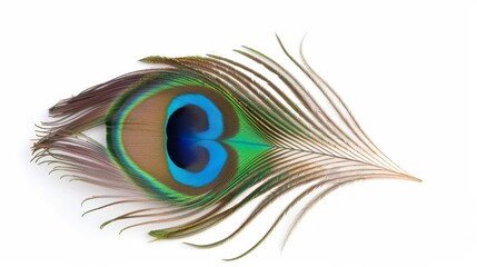 Obraz premium Vibrant peacock feather with eye pattern, isolated, blank background with text space