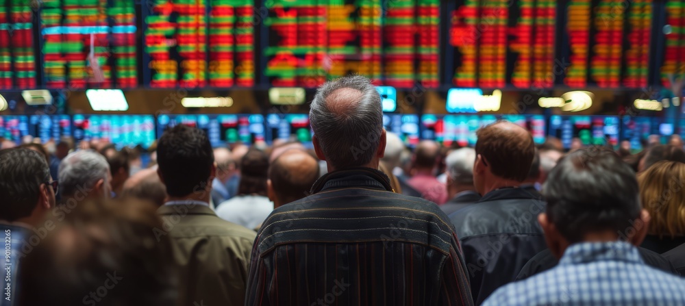 Poster Crowd people looking at stock market crash crisis data on display screen. Finance statistic value depression. Generative AI technology.	
