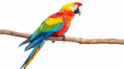 Fototapeta premium Vividly colored parrot perched on a branch, isolated background, vibrant feathers, clear copy space, bright and eye-catching design