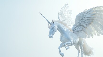 Fototapeta premium A white unicorn with large white wings, against a soft blue background.