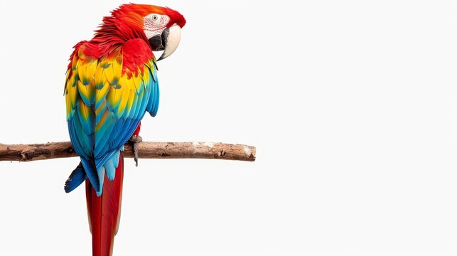 Vividly colored parrot perched on a branch, isolated background, vibrant feathers, clear copy space, bright and eye-catching design