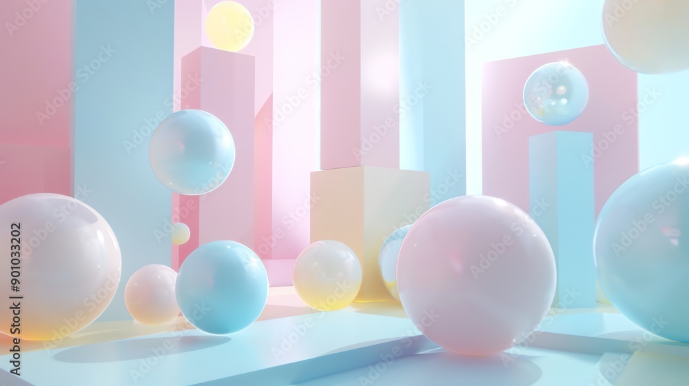 Poster a 3d rendering of a pastel colored scene with spheres and geometric shapes.