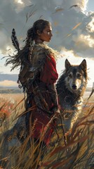 A Young Woman in Red Garments and a Wolf in a Field