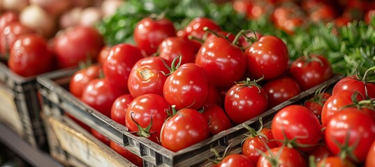 Fresh tomato vegetable product on supermarket box. Grocery shopping market. Generative AI technology.	
