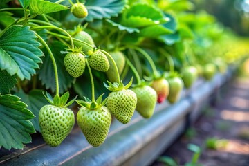 row of unripe raw green strawberry grow on plant in farm