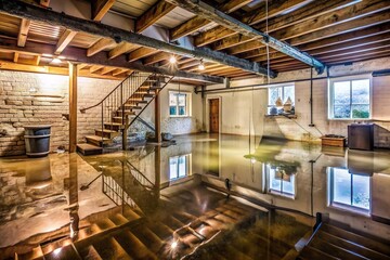 leaked water on house basement floor. Flood damage concept