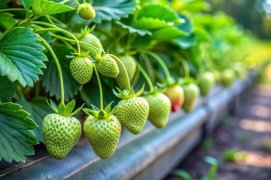 row of unripe raw green strawberry grow on plant in farm
