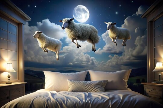 sheep fly above bed at night. Insomnia disorder concept