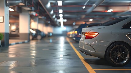 Empty and Spacious Underground Parking Garage with Bright Lighting and Concrete Interior