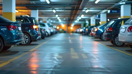 Fototapeta premium Vast Underground Car Parking Garage with Orderly Arrangement of Parked Vehicles and Illuminated Pathways