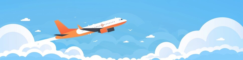 cartoon illustration of an airplane flying in the sky, with a blue background