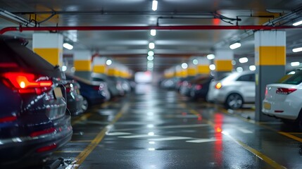 Fototapeta premium Vast and Orderly Underground Parking Lot with Sleek Architectural Design