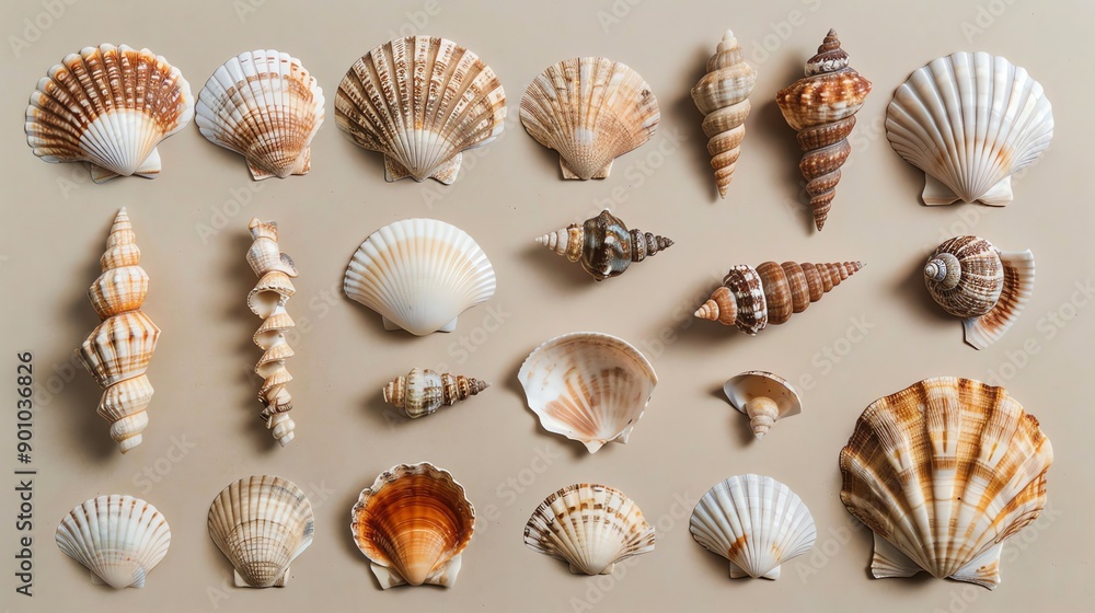 Poster a collection of seashells of various sizes and shapes, arranged in rows on a beige background.