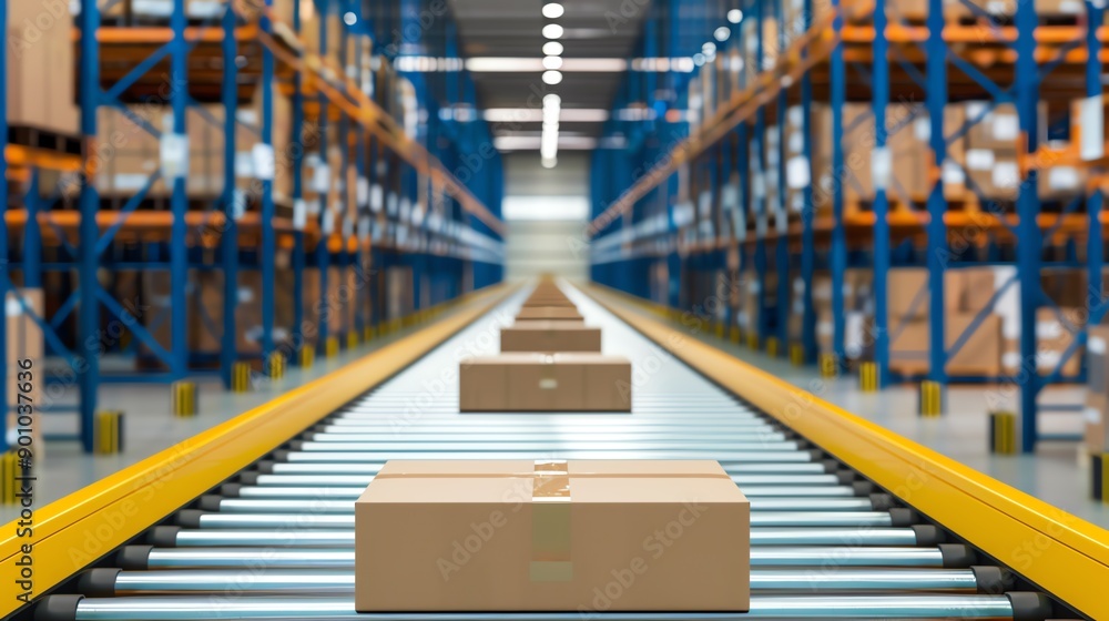 Poster a warehouse with advanced robotics for sorting packages, high resolution,