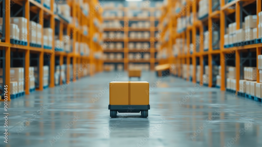 Poster a warehouse with advanced robotics for sorting packages, high resolution,