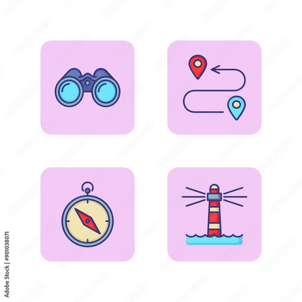 Aufkleber location line icon set. lighthouse, binoculars, compass, mark pointers. exploration and navigation c