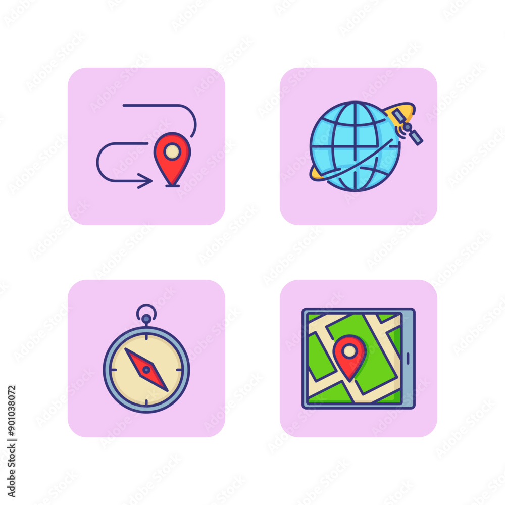 Aufkleber navigation vector icon set. globe with satellite, map pointer, gadget with app, compass. navigation 