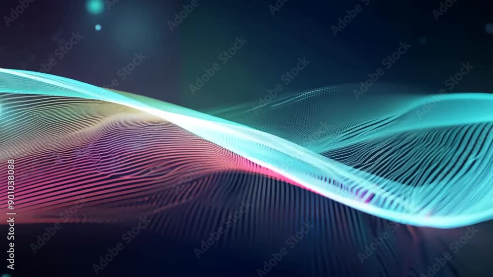 Poster neon bright digital wave animation depicting flow of information in loop generative ai