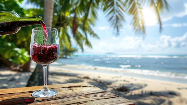 Pouring red wine into glass on wooden table at the tropical beach on a sunny summer day. Trip, travel and vacation theme