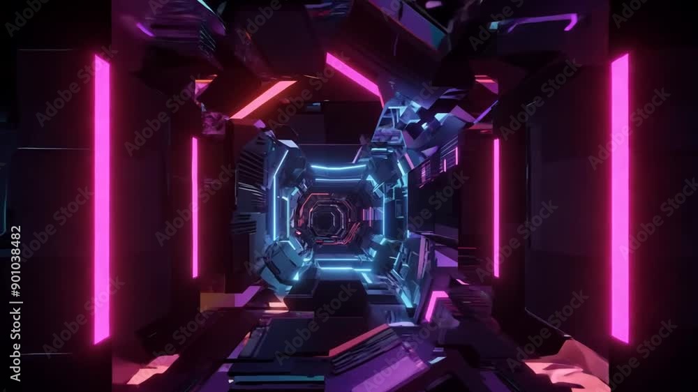 Poster dark sci-fi floating tunnel with vibrant neon lights in a futuristic setting generative ai