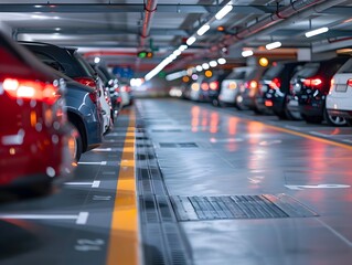 Obraz premium Vast Underground Car Parking Garage with Vibrant Lighting and Architectural Details