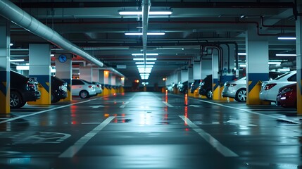 Fototapeta premium Minimalist Car Parking Garage with Clean Empty Space and Geometric Concrete Architecture
