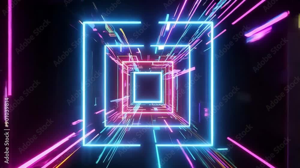 Poster futuristic neon tunnel with fast-moving light lines and abstract shapes generative ai
